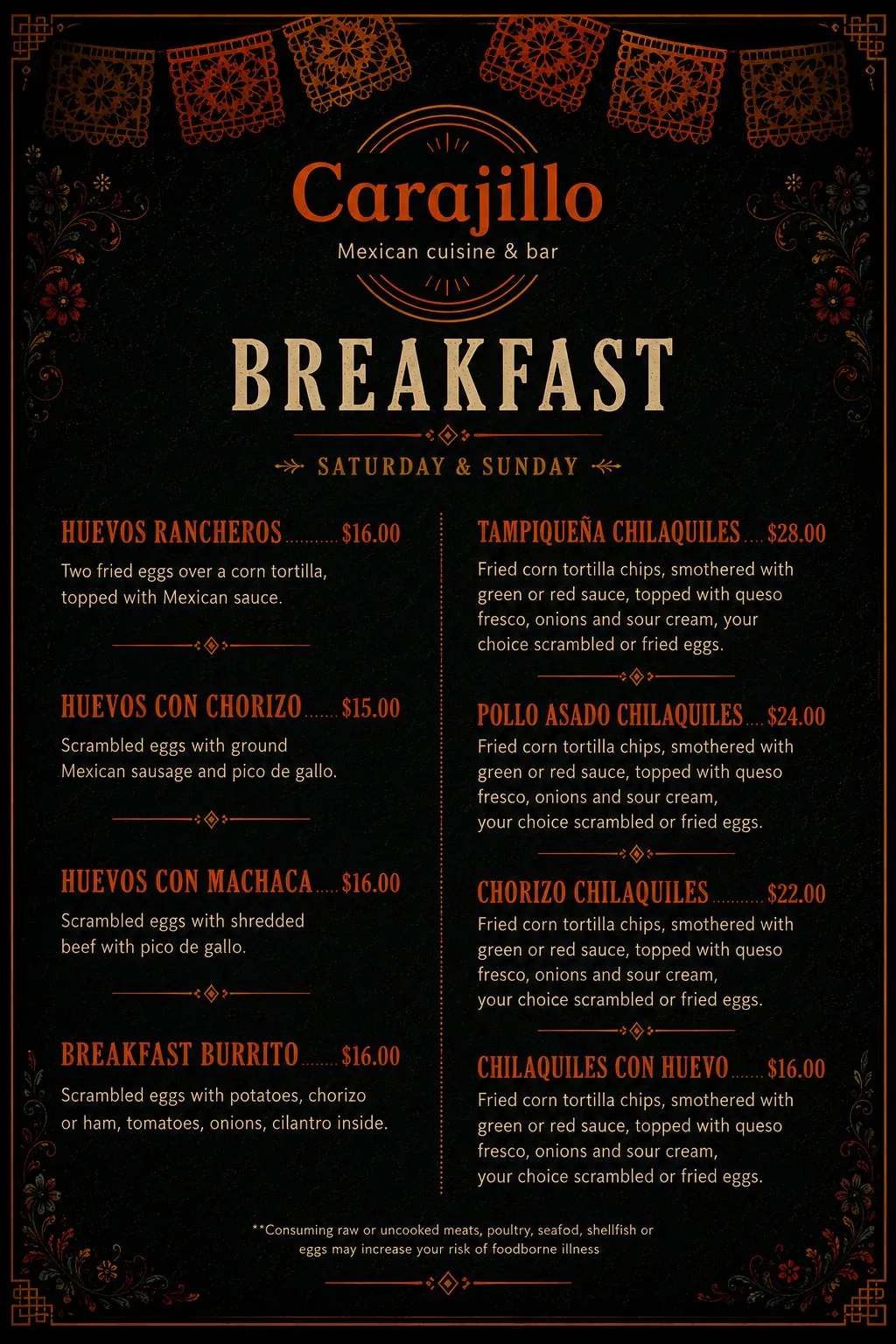 Menú de desayuno y brunch de fin de semana de Carajillo: huevos rancheros, huevos con chorizo, chilaquiles, burrito de desayuno, servido sábado y domingo en Downtown Las Vegas