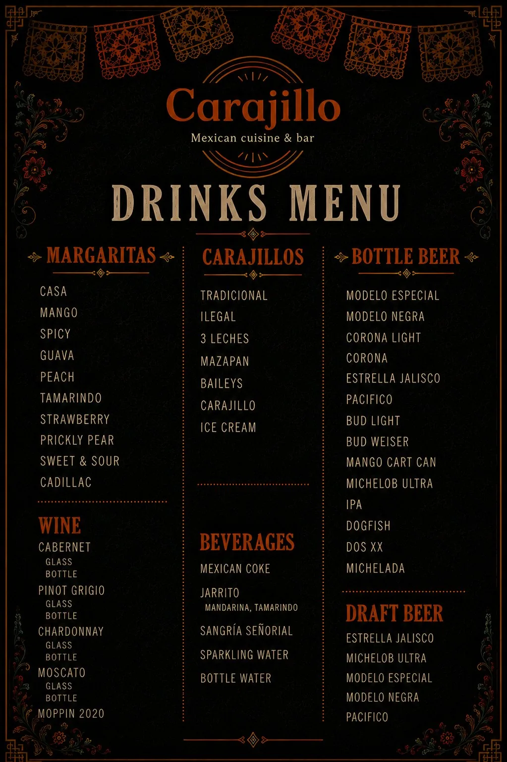 Menú de bebidas de Carajillo: margaritas, 7 cocteles de espresso Carajillo, cerveza, vino, Las Vegas