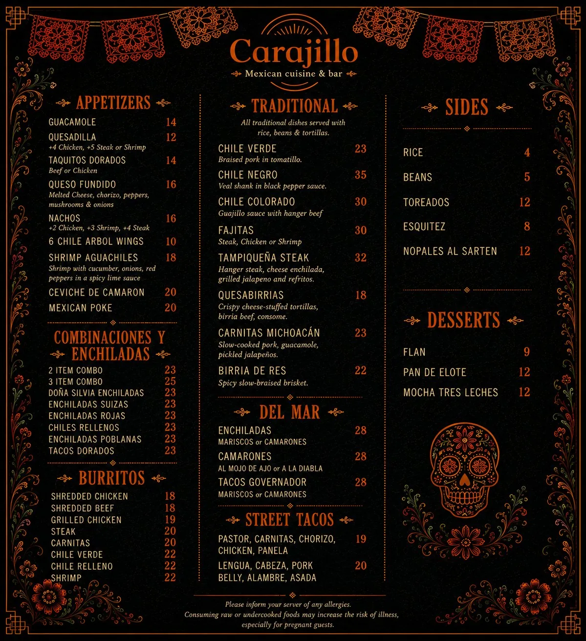 Menú de comida de Carajillo: entradas, birria, quesabirrias, tacos callejeros, enchiladas, fajitas, Downtown Las Vegas