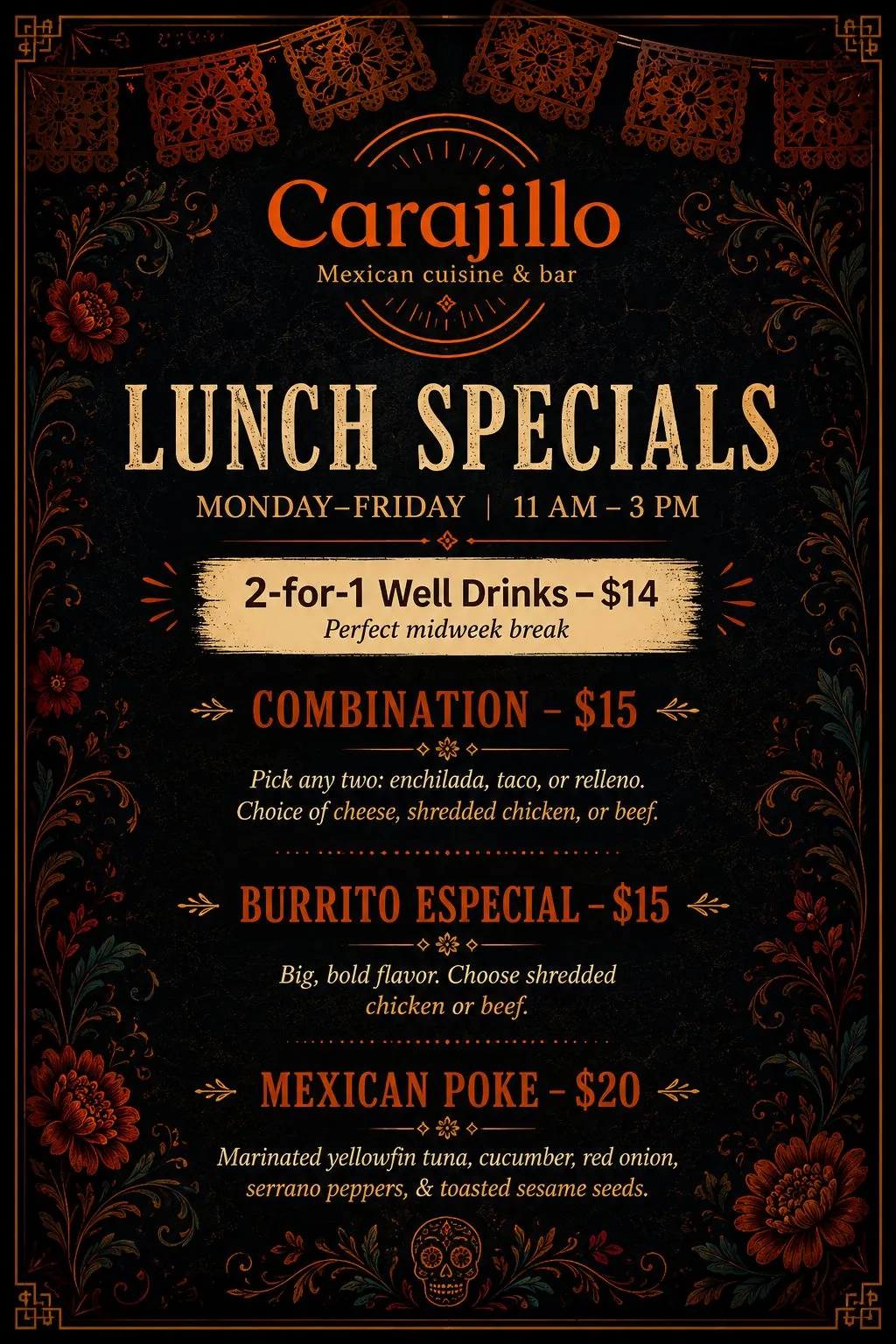 Menú de especiales de lunch de Carajillo: combinaciones de $15, burrito especial, Downtown Las Vegas